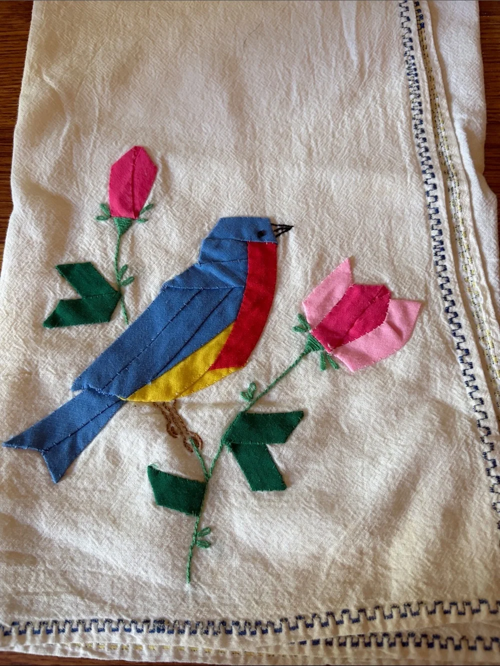 Embroidered Blue & Pink Bird Kitchen Towel